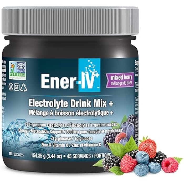 Ener-C مشروب إينر-IV للإلكتروليتات والترطيب والطاقة - مسحوق إلكتروليتات البوتاسيوم والزنك وفيتامين C - مشروبات رياضية لاستعادة العضلات والمناعة للنساء والرجال، منخفض السكر وغير معدّل وراثيًا، توت مختلط - 45 حصة - Image 1