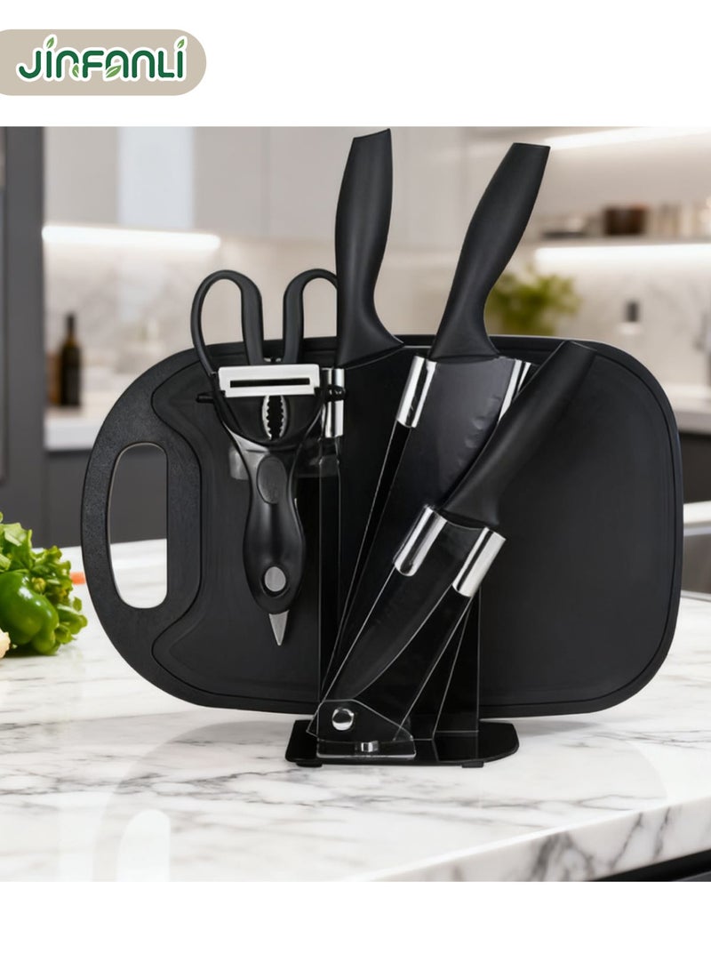 JINFANLI 7-piece kitchen knife set, cutting board set, includes 3 knives, 1 melon peeler and 1 pair of scissors, chef's cutting board with grooves, suitable for cutting meat, fruit and vegetables, dishwasher safe, black - Image 5