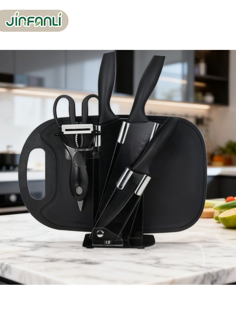 JINFANLI 7-piece kitchen knife set, cutting board set, includes 3 knives, 1 melon peeler and 1 pair of scissors, chef's cutting board with grooves, suitable for cutting meat, fruit and vegetables, dishwasher safe, black - Image 4
