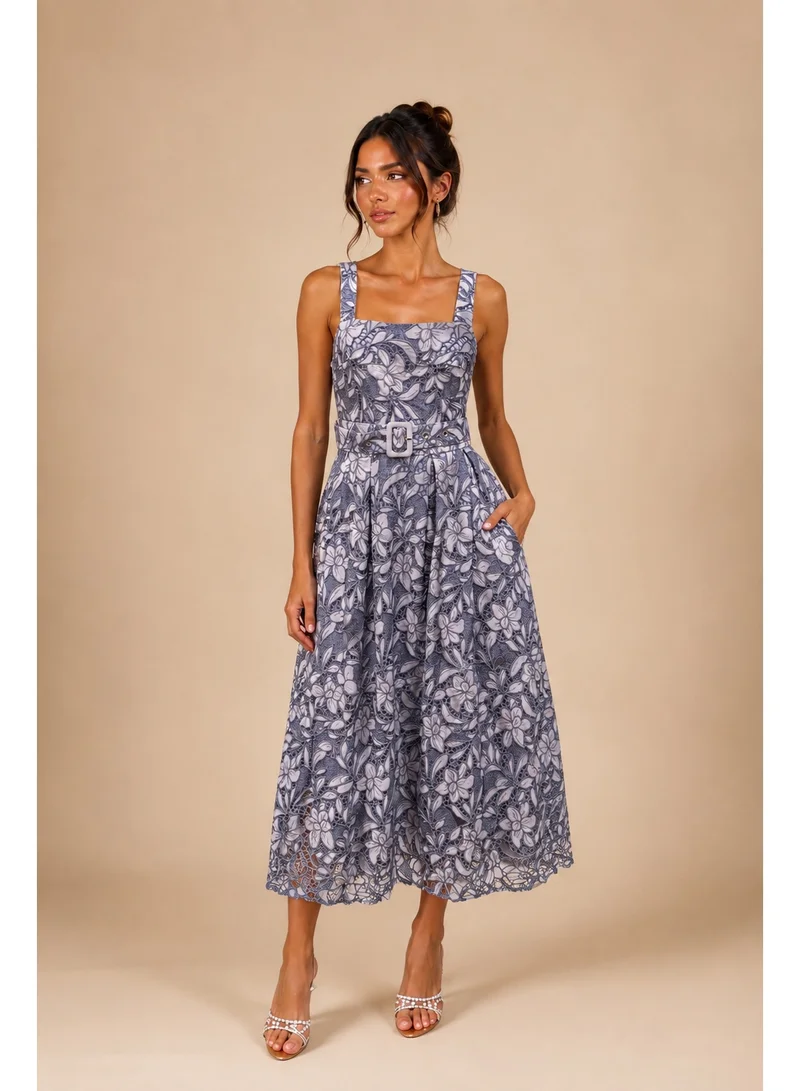 2Trendy Women's Purple Maxi Dress with Wide Straps, Belt and Floral Eyelet Embroidery