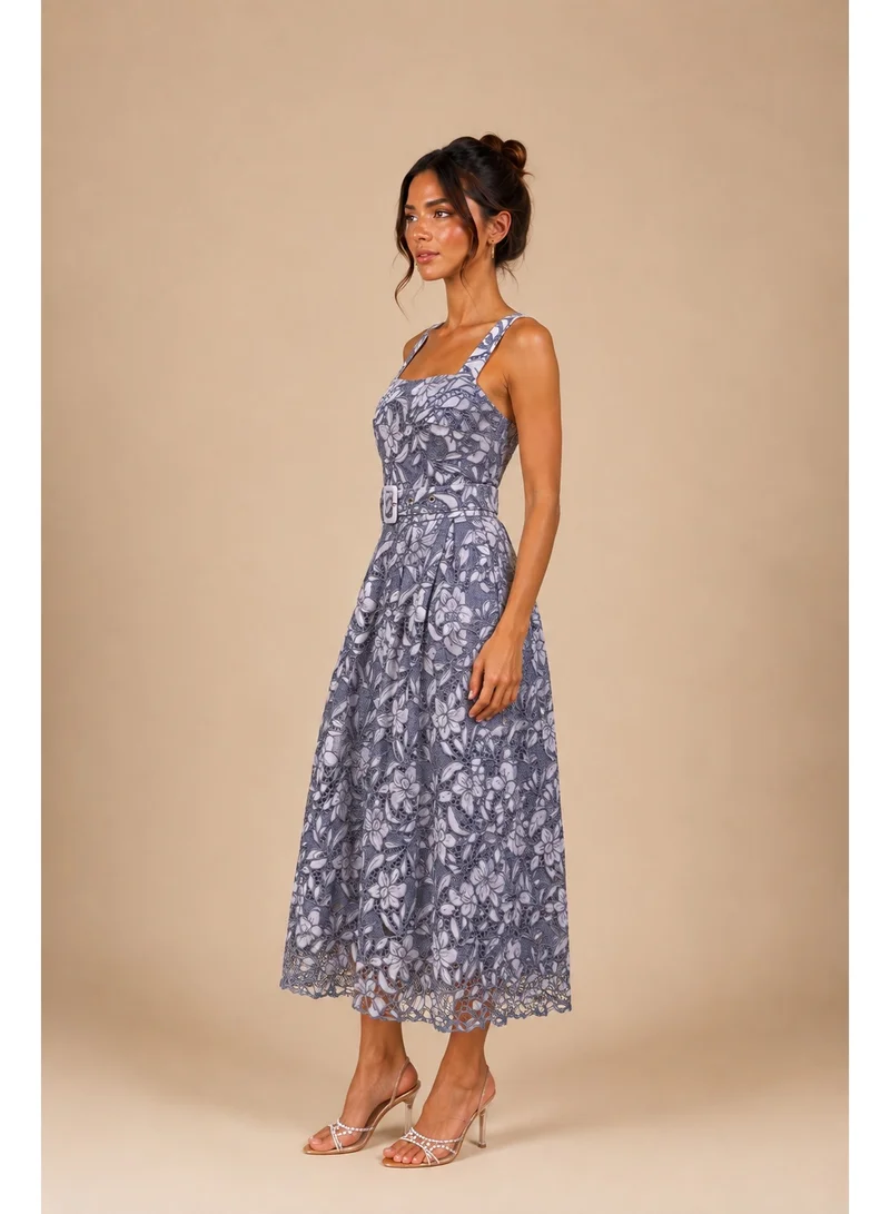 2Trendy Women's Purple Maxi Dress with Wide Straps, Belt and Floral Eyelet Embroidery