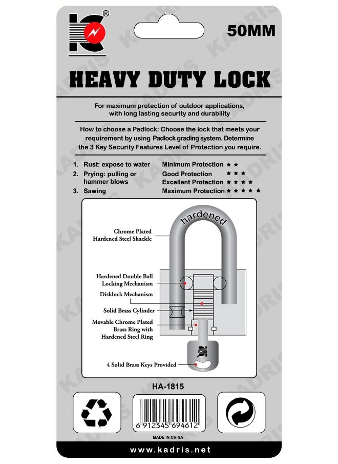 KADRIS - Heavy-Duty Security Padlock Long HA-1815, Weather-Resistant in Heavy Duty steel Lock 50 MM - Padlock  shackle with Keys for Sheds, Storage Unit, School, Gym Locker, Fence, Toolbox, Hasp Storage - Image 1
