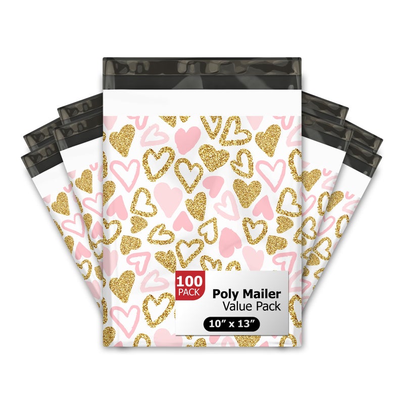 Pro Supply Global 10x13 (100) Pink and Gold Heart Valentine's Day Designer Poly Mailers Waterproof Self Sealing Tear Resistant Polymailers Shipping Envelopes Premium Printed Bags For Small Businesses - Image 1