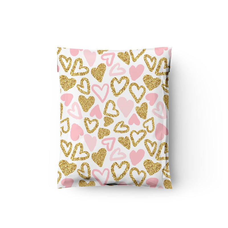 Pro Supply Global 10x13 (100) Pink and Gold Heart Valentine's Day Designer Poly Mailers Waterproof Self Sealing Tear Resistant Polymailers Shipping Envelopes Premium Printed Bags For Small Businesses - Image 5