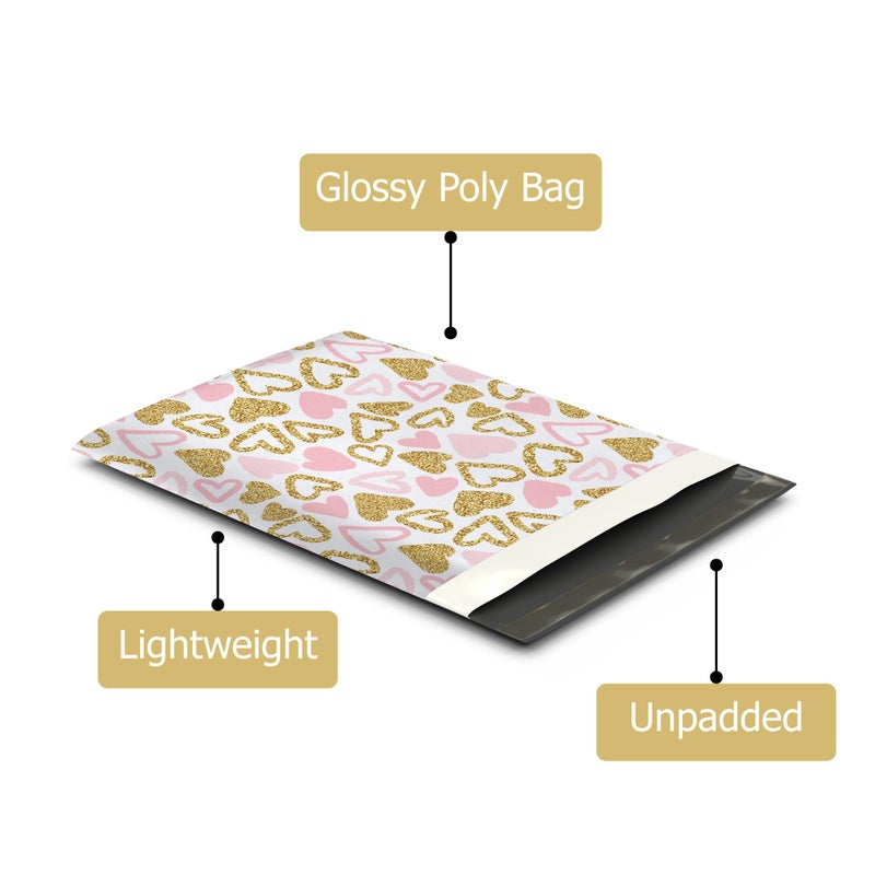 Pro Supply Global 10x13 (100) Pink and Gold Heart Valentine's Day Designer Poly Mailers Waterproof Self Sealing Tear Resistant Polymailers Shipping Envelopes Premium Printed Bags For Small Businesses - Image 3