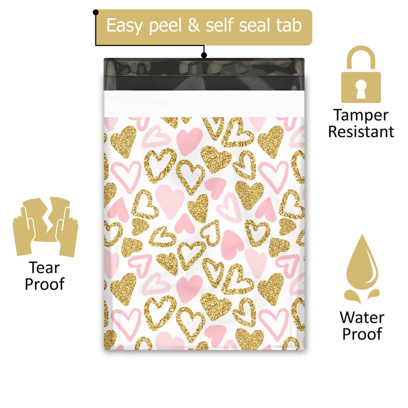 Pro Supply Global 10x13 (100) Pink and Gold Heart Valentine's Day Designer Poly Mailers Waterproof Self Sealing Tear Resistant Polymailers Shipping Envelopes Premium Printed Bags For Small Businesses - Image 2