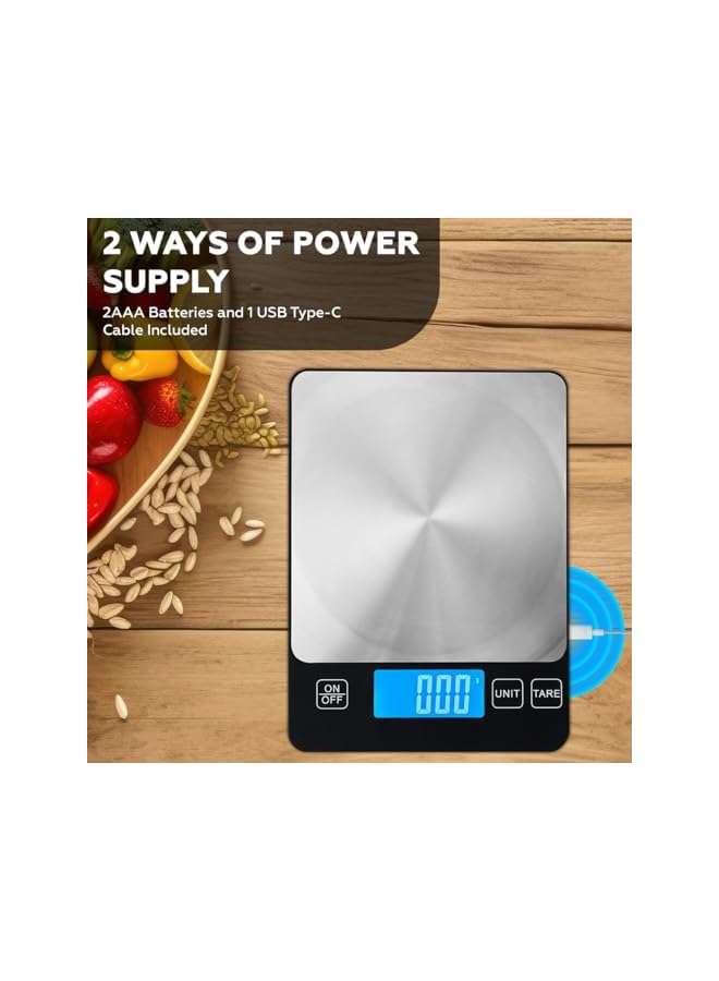promass 15kg Digital Kitchen Scale Rechargeable with USB Type C Charging & LCD Display, 304 Stainless Steel Weight Food Scale Ounces Grams for Kitchen Cooking Baking Meal Prep - Image 4