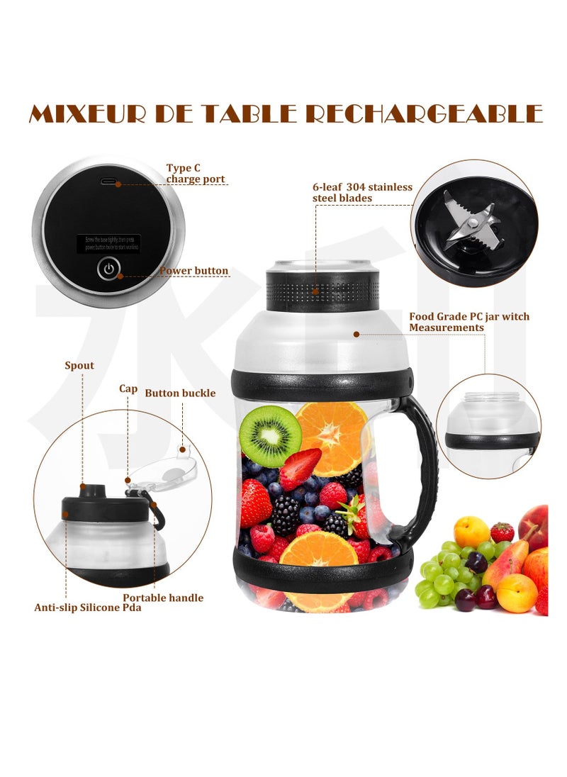Excefore Portable Blender, 60oz Personal Blender for Shakes and Smoothies with 6pcs 3D Blades, Strong Blending Power, USB Rechargeable BPA Free Smoothie Blender with Lid for Sports, Travel, Gym, Black  - Image 3