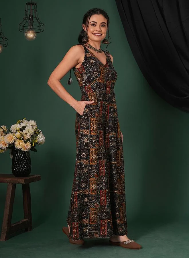 globus Tassel Tie-Up Straps Ethnic Floral Print Flared Fusion Jumpsuit