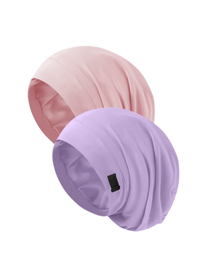 ZHENSILK Silk Bonnet for Sleeping Women Adjustable Silky Satin Lined Sleep Cap Silk Hair Wrap for Sleep Night Cap for Natural Curly Hair 2PCSPinkPurple - Image 2