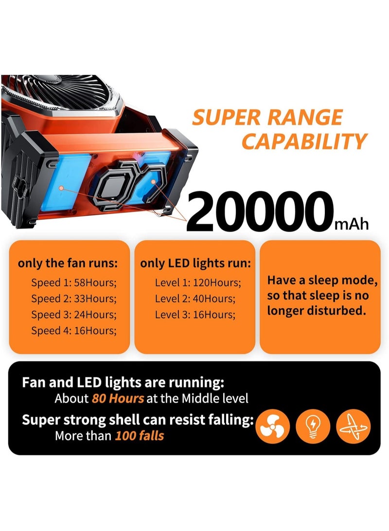 ارواق مروحة LED للتخييم مع ضوء، مروحة خيمة خارجية قابلة لإعادة الشحن بقدرة 20000 مللي أمبير في الساعة مع ضوء وخطاف، 4 سرعات، مروحة مكتب USB شخصية للتخييم والصيد وانقطاع التيار الكهربائي والإعصار وموقع العمل - Image 2