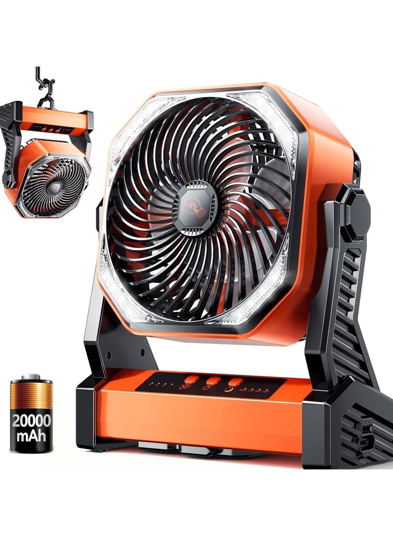 ارواق مروحة LED للتخييم مع ضوء، مروحة خيمة خارجية قابلة لإعادة الشحن بقدرة 20000 مللي أمبير في الساعة مع ضوء وخطاف، 4 سرعات، مروحة مكتب USB شخصية للتخييم والصيد وانقطاع التيار الكهربائي والإعصار وموقع العمل - Image 1