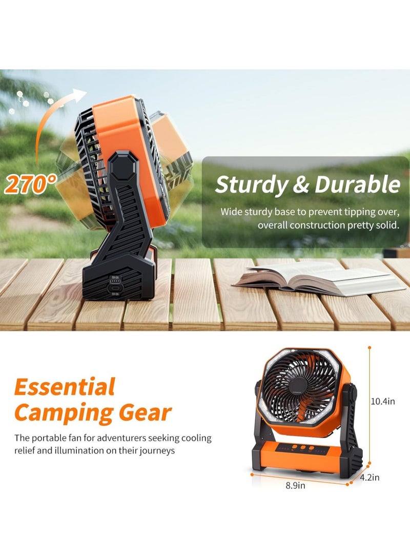 ارواق مروحة LED للتخييم مع ضوء، مروحة خيمة خارجية قابلة لإعادة الشحن بقدرة 20000 مللي أمبير في الساعة مع ضوء وخطاف، 4 سرعات، مروحة مكتب USB شخصية للتخييم والصيد وانقطاع التيار الكهربائي والإعصار وموقع العمل - Image 5