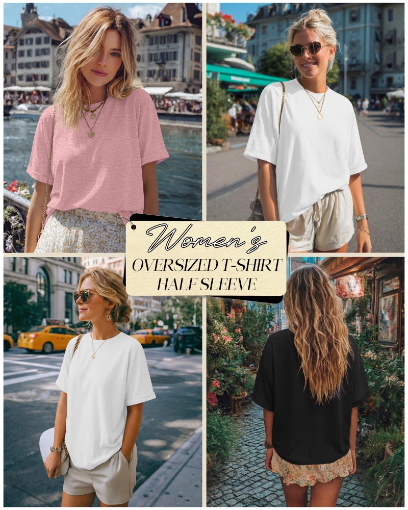 Riyiper 3 Pack Women's Oversized T-Shirt Half Sleeve Summer Tees Casual Loose Fit Crew Neck Basic Tops(Black, White, Pink,Medium) - Image 2