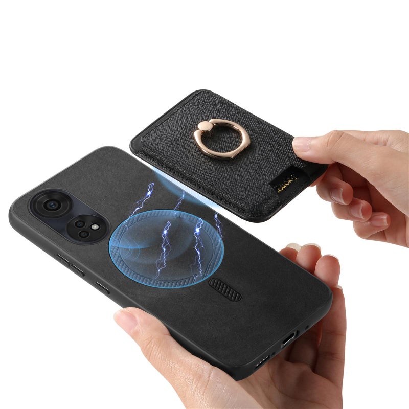 HuHa Case Cover For OPPO Reno11 Global Retro Cross Leather Ring Vertical Insert Card Bag MagSafe Phone Case(Black) - Image 5