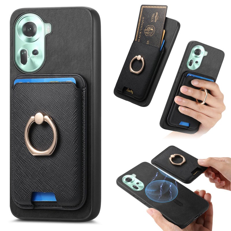 HuHa Case Cover For OPPO Reno11 Global Retro Cross Leather Ring Vertical Insert Card Bag MagSafe Phone Case(Black) - Image 1