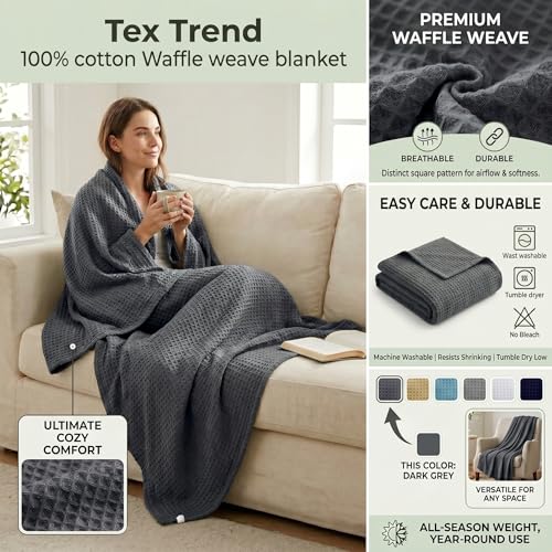 Tex Trend 100 Cotton Waffle Weave Blanket Twin Size Soft Breathable Cooling Blanket for Bed Lightweight Cozy Summer Spring Bedding Grey 60x90 - Image 3