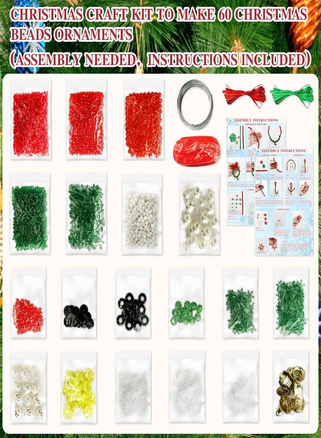 Fayoo Christmas Beaded Craft Kit for Kids - 60 Pc Ornament Set, Tree Decorations (Snowman, Christmas Tree, Wreath, Snowflake, Candy Cane Each x12) - Image 2