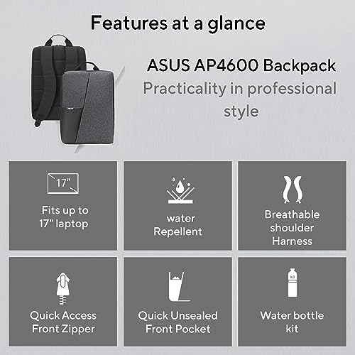 ASUS AP4600 Laptop Backpack, Quick-Access Pockets, Water-Repellent, Durable, Stylish & Lightweight Design, Suitable for up to 16-inch Laptop, 450 g (Grey) - Image 3