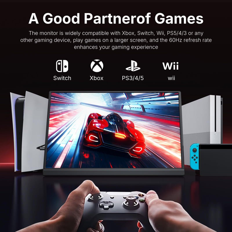 WGK 15.6 inch Portable Monitor 1080P FHD Travel Display HDMI/USB-C Compatible with Laptops, Desktops, Phones, PS, Mac, Xbox, Switch, and Other Gaming Devices Includes Stand and Speakers VESA - Image 4