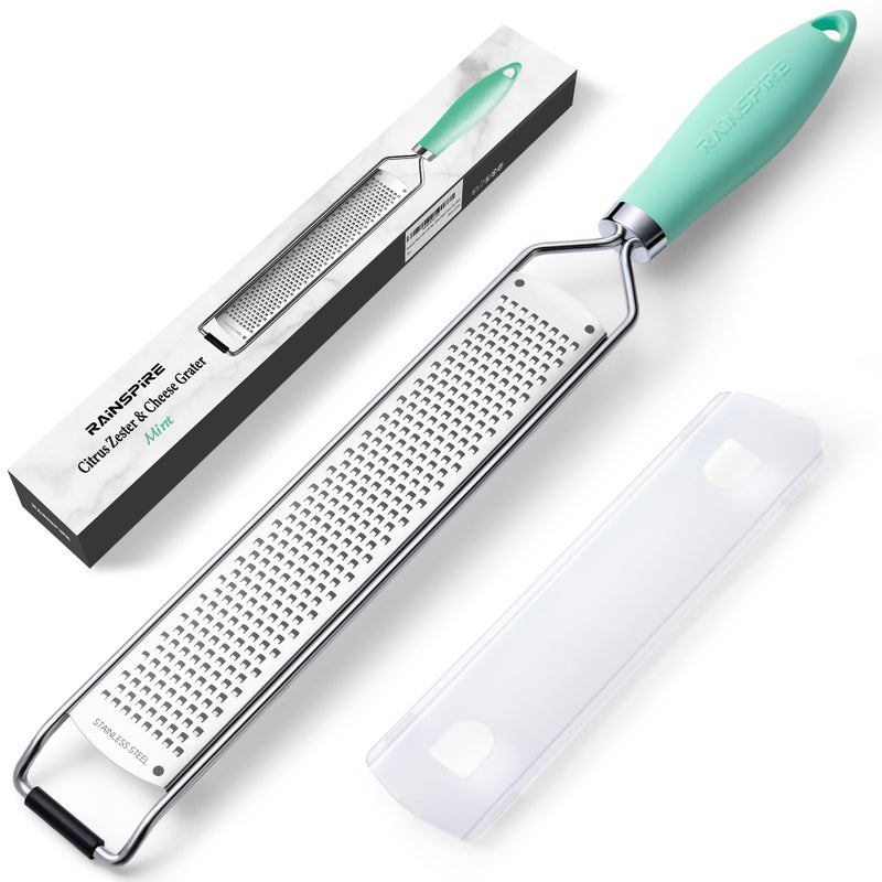 Rainspire Zester Grater with Handle Lemon Zester Cheese Grater for Kitchen Stainless Steel Parmesan Cheese Garlic Nutmeg Chocolate Fruits Vegetables Ginger Grater Fine Mint Green