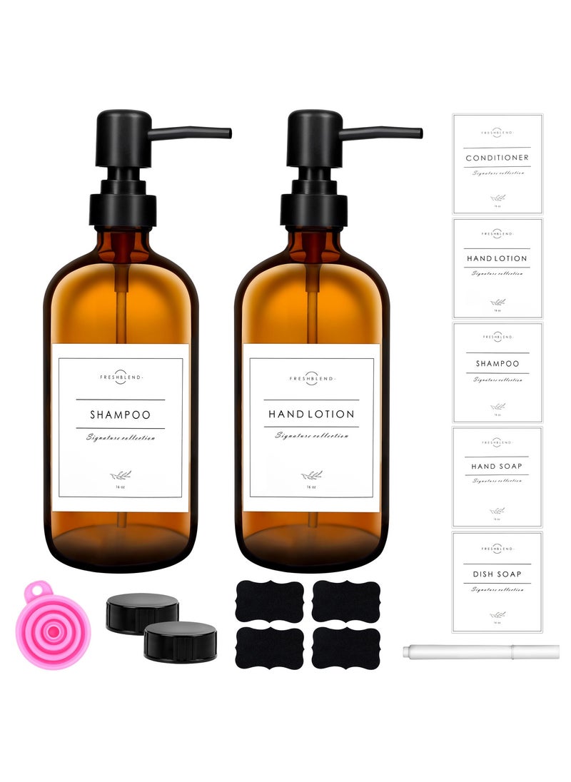 SKYLINK 2Pack 16oz Amber Glass Soap Dispenser Bottles with Pump – Refillable Bathroom & Kitchen Soap Dispensers for Hand Soap, Dish Soap, Lotion – Includes Labels  - Image 1