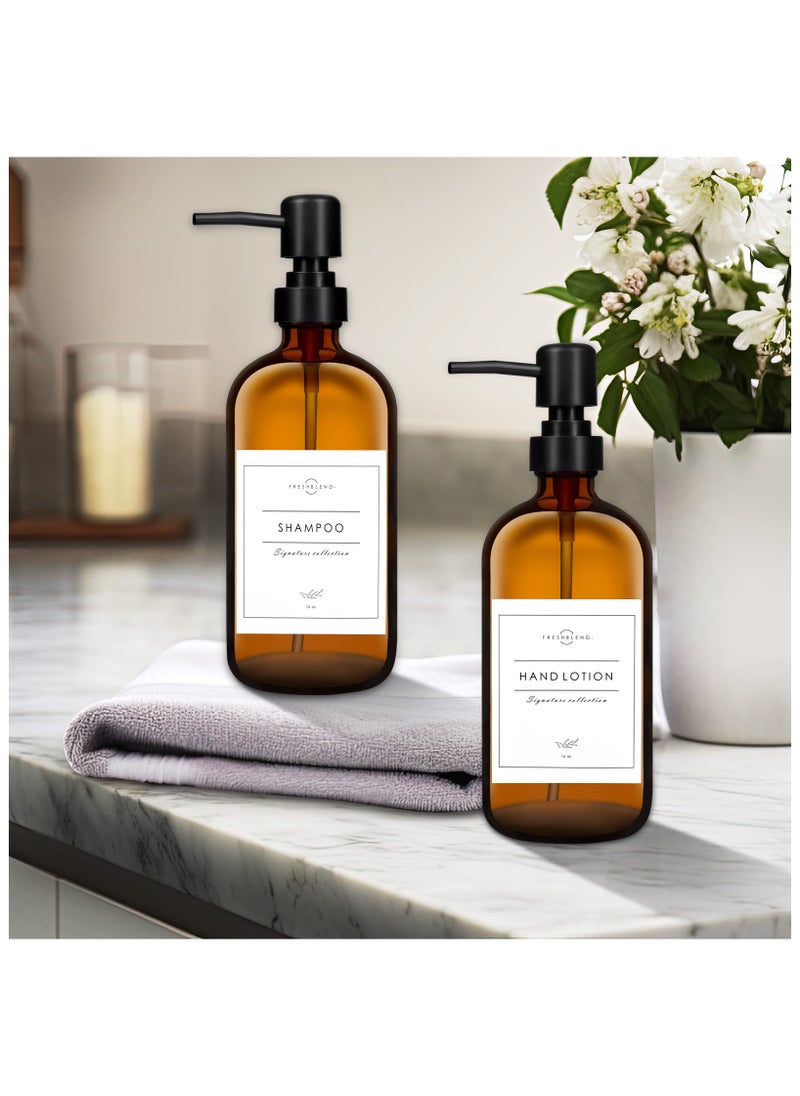 SKYLINK 2Pack 16oz Amber Glass Soap Dispenser Bottles with Pump – Refillable Bathroom & Kitchen Soap Dispensers for Hand Soap, Dish Soap, Lotion – Includes Labels  - Image 5