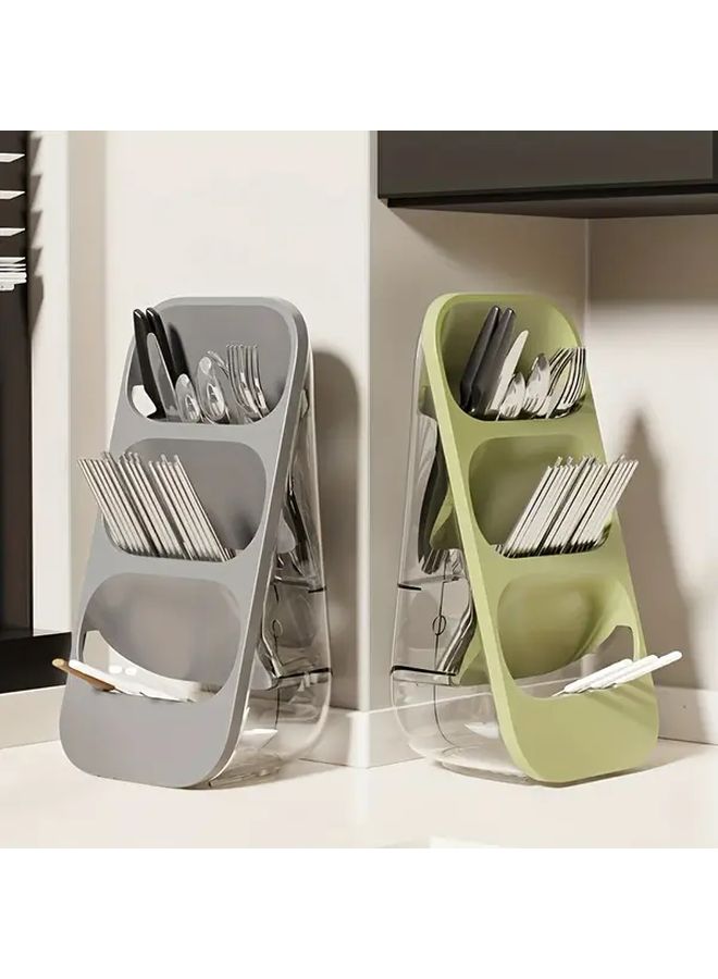 Grey 3 Tier Plastic Utensil Holder Wall Mount Desktop Kitchen Organizer - Image 1
