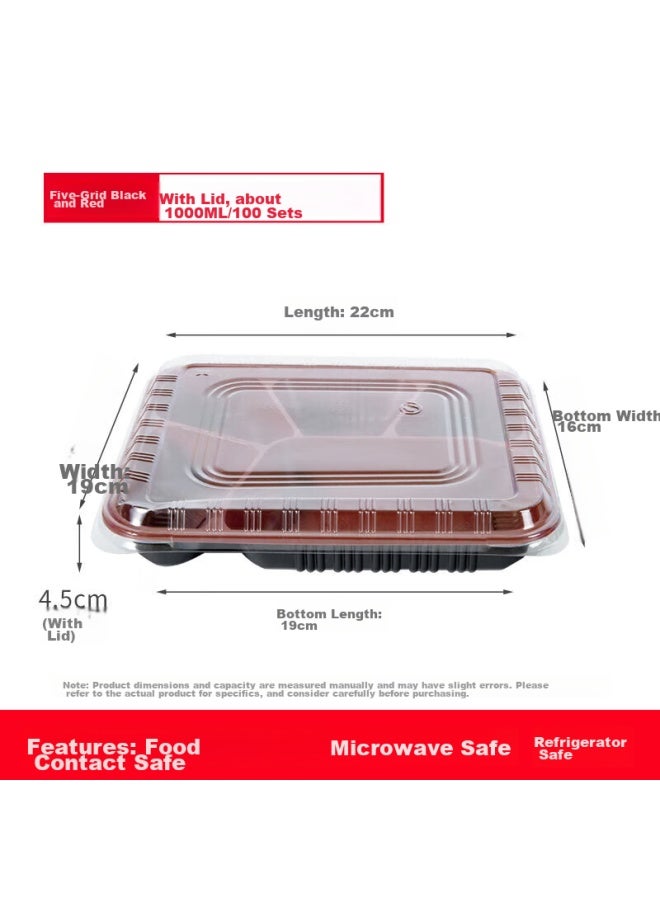 Yata Wutian Disposable Food Containers, 5-compartment Lunch Boxes, Takeout Boxes, Fast Food Containers, Divided Meal Boxes, 1000ml*100 Sets With Lids - Image 4
