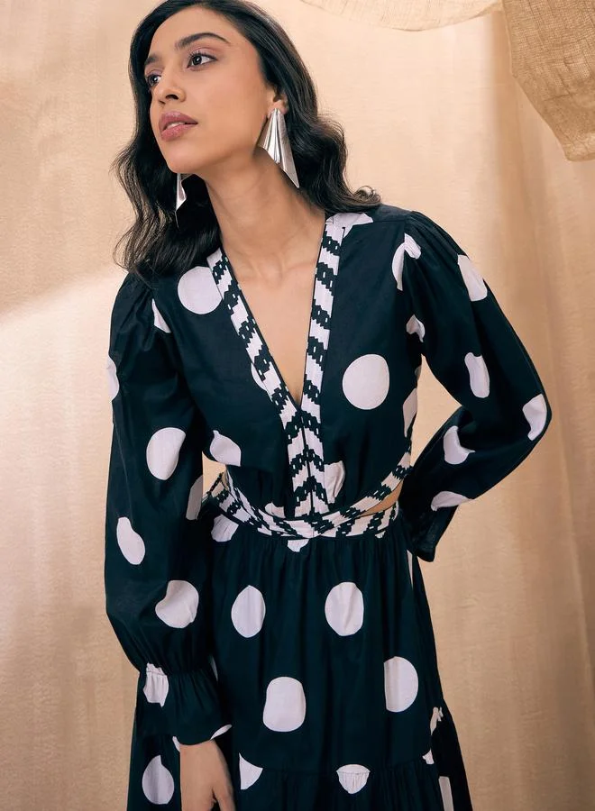 ساسافراس Polka Dot Cut-Out Waist Tiered Maxi Dress by Styli