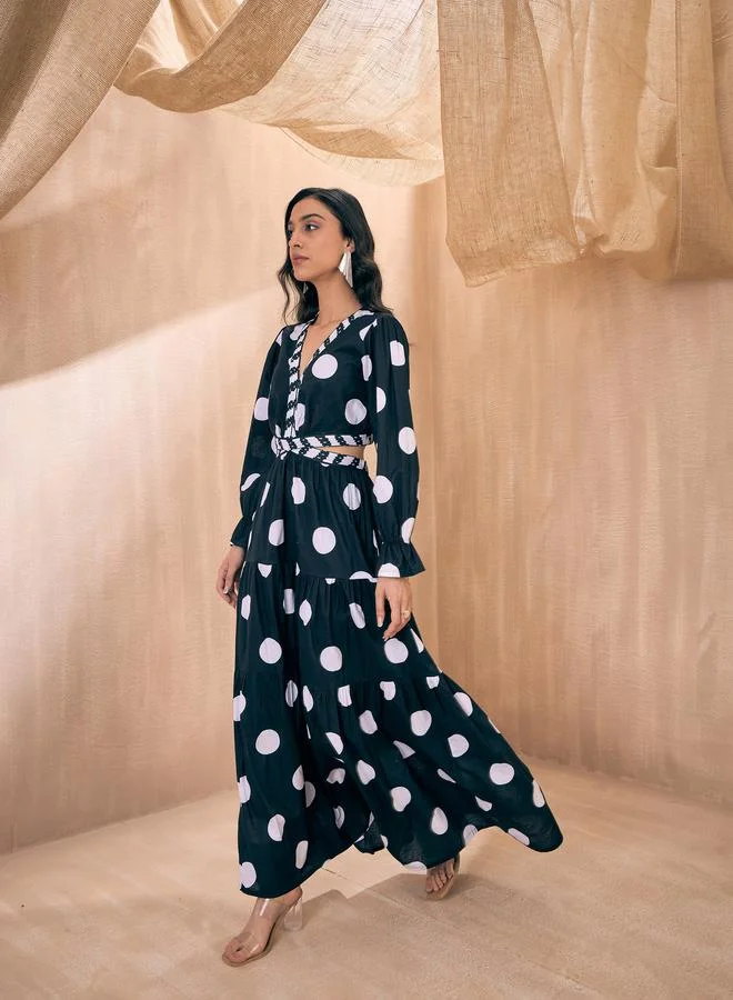 ساسافراس Polka Dot Cut-Out Waist Tiered Maxi Dress by Styli