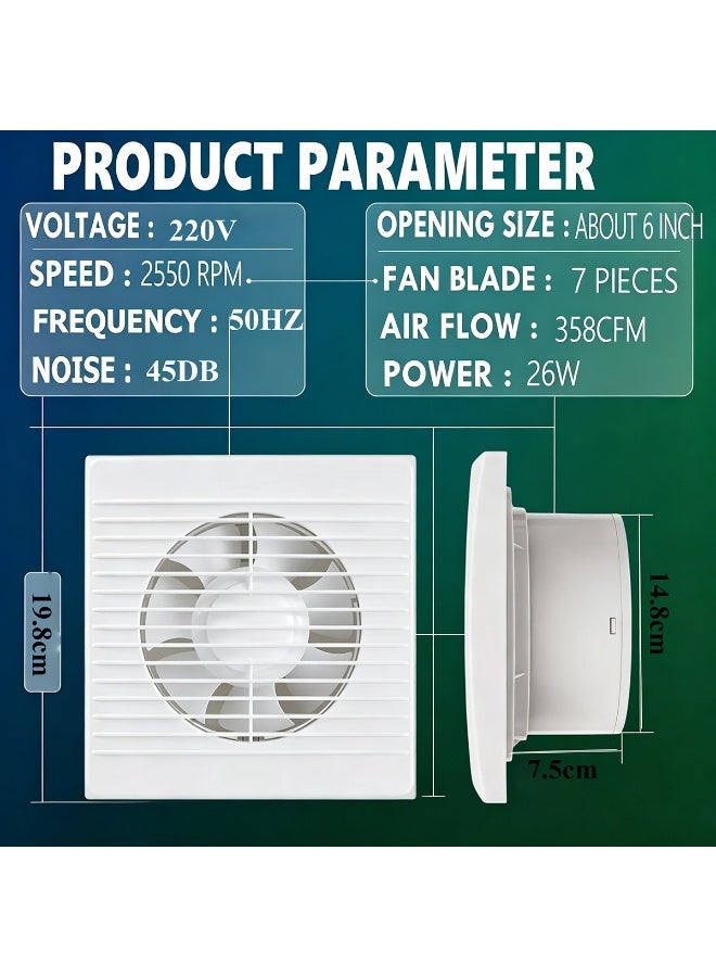 FDTY 6 Inch Wall Mount Exhaust Fan with Plug-in Switch Cord, 26W Pure Copper Motor Low Noise Ventilation Fan 358CFM for Bathroom Kitchen Basement Ventilation - Image 3
