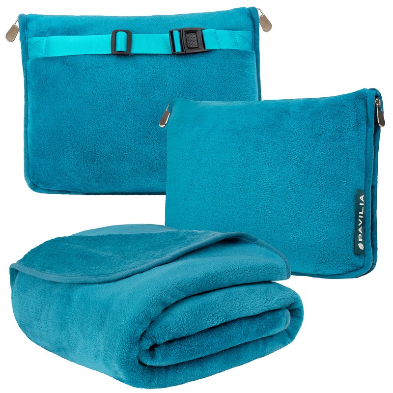 PAVILIA PAVILIA Travel Blanket Pillow Soft Airplane Blanket 2IN1 Combo Set Plane Blanket Compact Packable Flight Essentials Car Pillow Travelers Gifts Accessories Luggage Backpack Strap 60x43 Teal Blue 