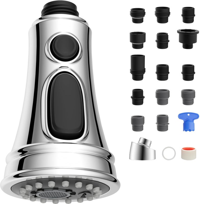 Hibbent Kitchen Faucet Head Replacement NSFANSICAN 61 CUPC Certified 3 Function Pull Down Faucet Spray Nozzle 15 Adapters Compatible with Moen American Standard Delta Kohler Chrome