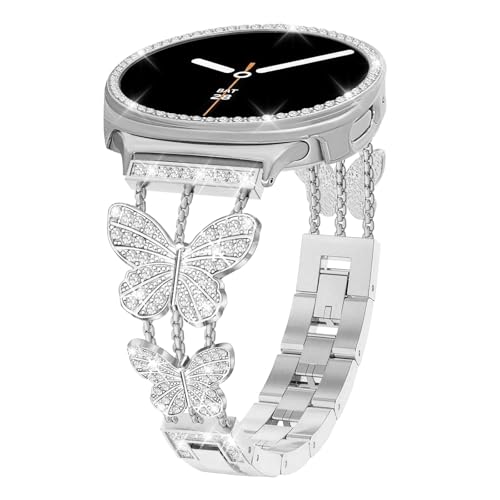 Alociaga Bling Band with Case Compatible for Samsung Galaxy Watch 8 40mm 44mm, Women Diamond Butterfly Metal Bracelet Rhinestone Strap with Protector Case(Silver, 44mm) - Image 1