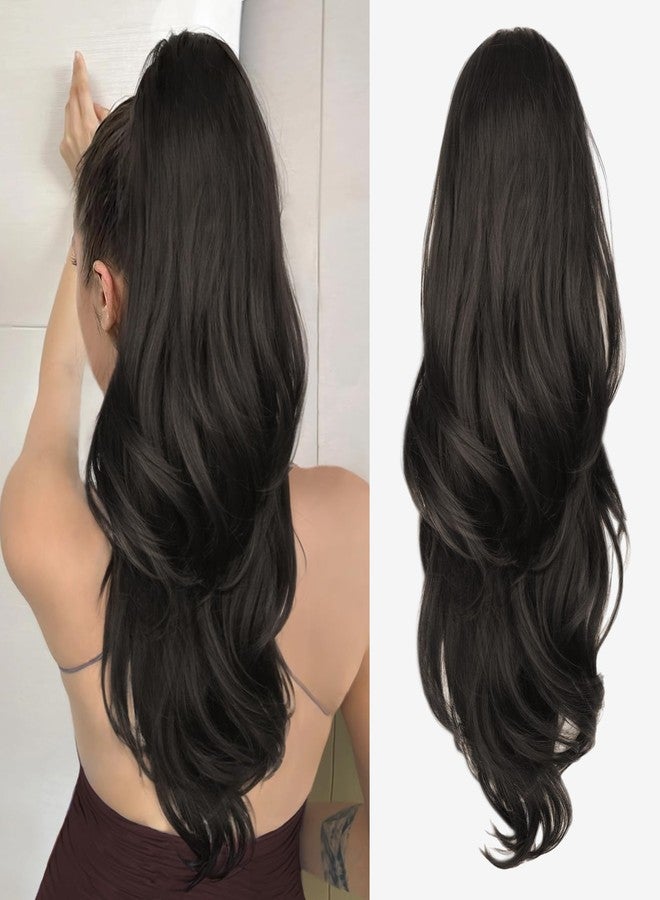 Pinaka Claw Clip Ponytail Extension, 22 In Brown Wavy Ponytail Hair Extension - Image 1