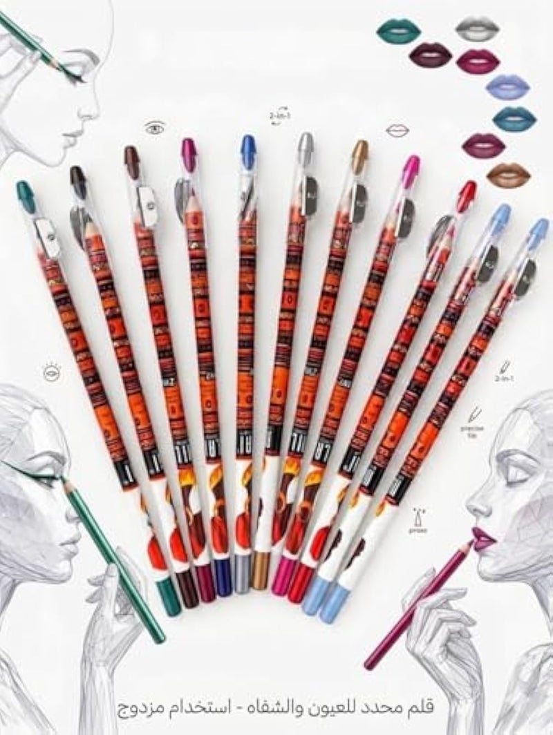 2 in 1 Eyeliner and Lip Pencil Multicolor Fine Tip with Sharpener Set of 10 - Image 2