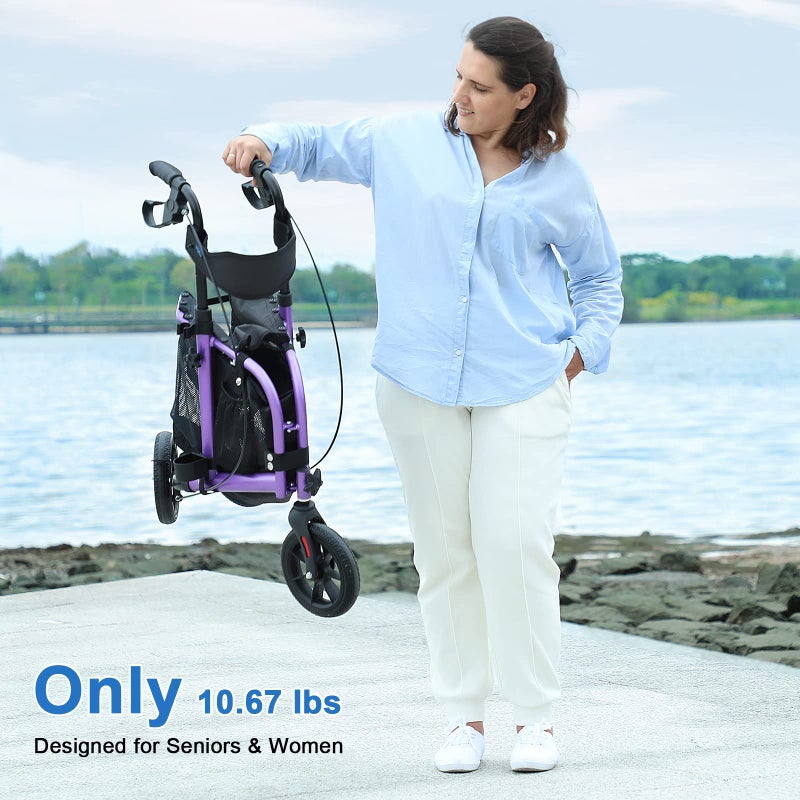 WALK MATE 3 Wheel Rollator Walker with Seat for Slim Seniors, Padded Backrest Lightweight Foldable Travel Walker Ideal for Elderly, 8 Inch Tri-Wheel Modern Mobility Walking Aid Aluminum, Purple - Image 3