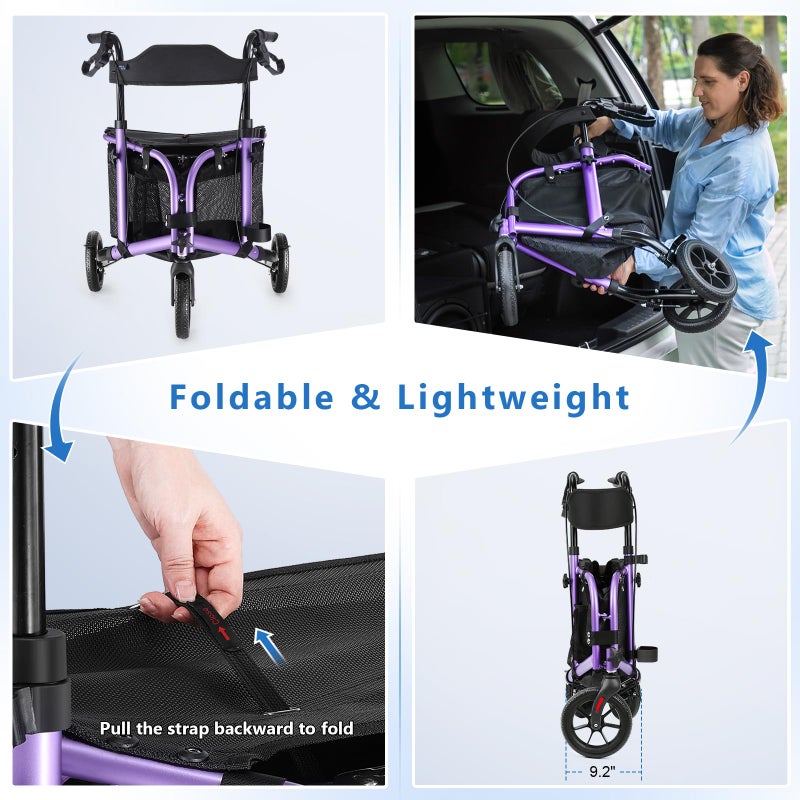 WALK MATE 3 Wheel Rollator Walker with Seat for Slim Seniors, Padded Backrest Lightweight Foldable Travel Walker Ideal for Elderly, 8 Inch Tri-Wheel Modern Mobility Walking Aid Aluminum, Purple - Image 5
