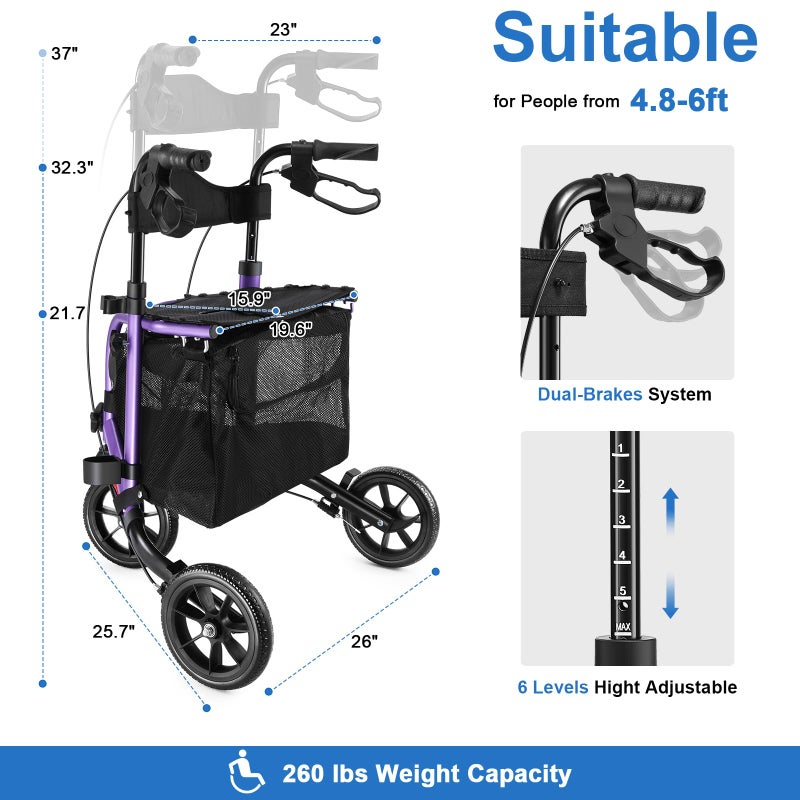 WALK MATE 3 Wheel Rollator Walker with Seat for Slim Seniors, Padded Backrest Lightweight Foldable Travel Walker Ideal for Elderly, 8 Inch Tri-Wheel Modern Mobility Walking Aid Aluminum, Purple - Image 2