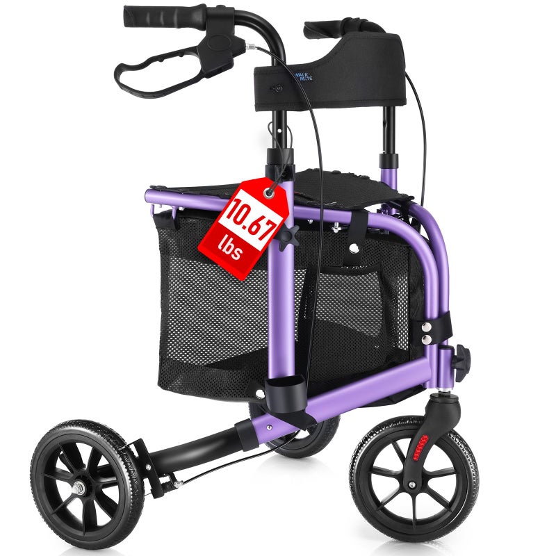 WALK MATE 3 Wheel Rollator Walker with Seat for Slim Seniors, Padded Backrest Lightweight Foldable Travel Walker Ideal for Elderly, 8 Inch Tri-Wheel Modern Mobility Walking Aid Aluminum, Purple - Image 1