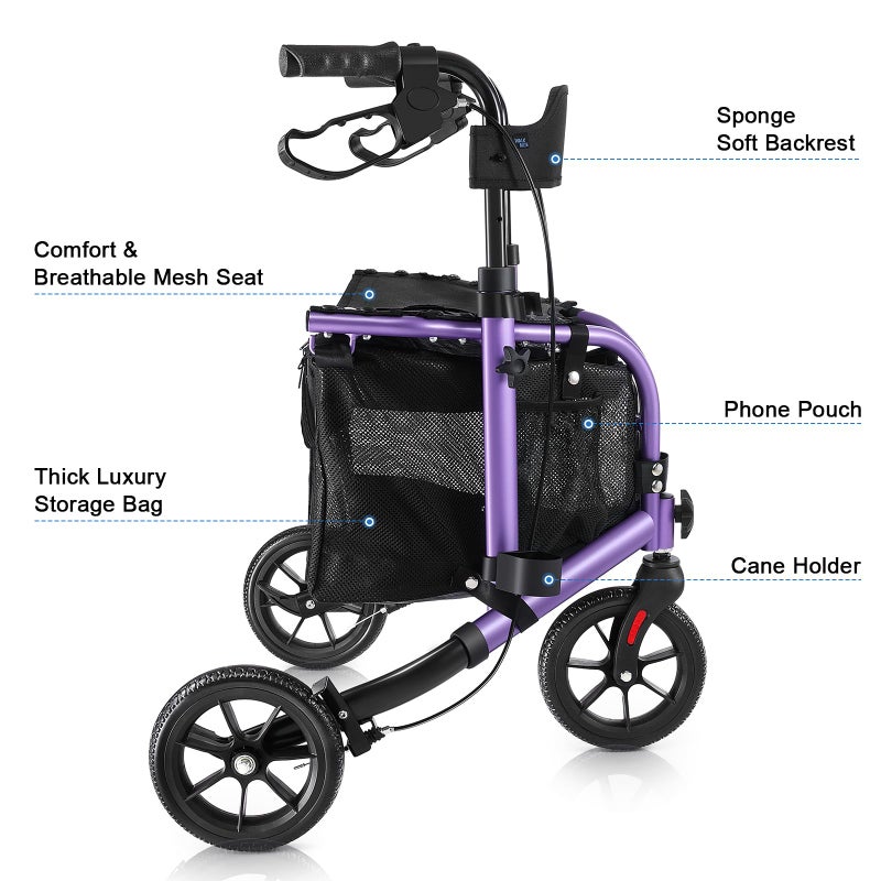 WALK MATE 3 Wheel Rollator Walker with Seat for Slim Seniors, Padded Backrest Lightweight Foldable Travel Walker Ideal for Elderly, 8 Inch Tri-Wheel Modern Mobility Walking Aid Aluminum, Purple - Image 4