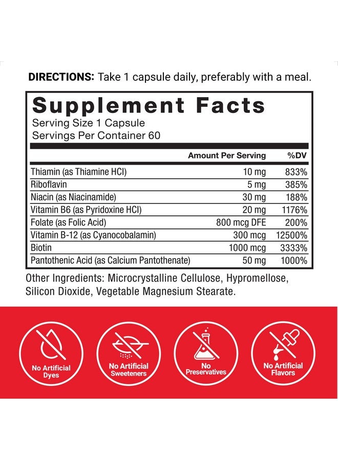FORCE FACTOR Vitamin B Complex to Support Energy, Vitality, and Heart Health, Includes Vitamin B1, Vitamin B2, Vitamin B3, Vitamin B6, Vitamin B12, and More, Vegan, Non-GMO, 60 Vegetable Capsules - Image 4
