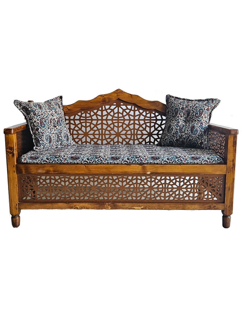 mahome 2 seater Handcrafted Arabic Solid Wood Sofa – Traditional Carved Design with Cushions and mattress. sutable for living room sofa, garden furniture.(Pine Wood, two seater)  - Image 2