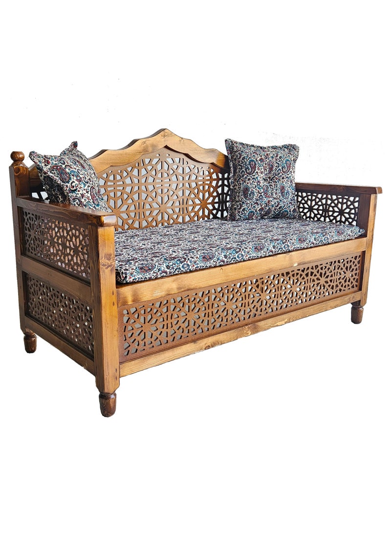 mahome 2 seater Handcrafted Arabic Solid Wood Sofa – Traditional Carved Design with Cushions and mattress. sutable for living room sofa, garden furniture.(Pine Wood, two seater)  - Image 1