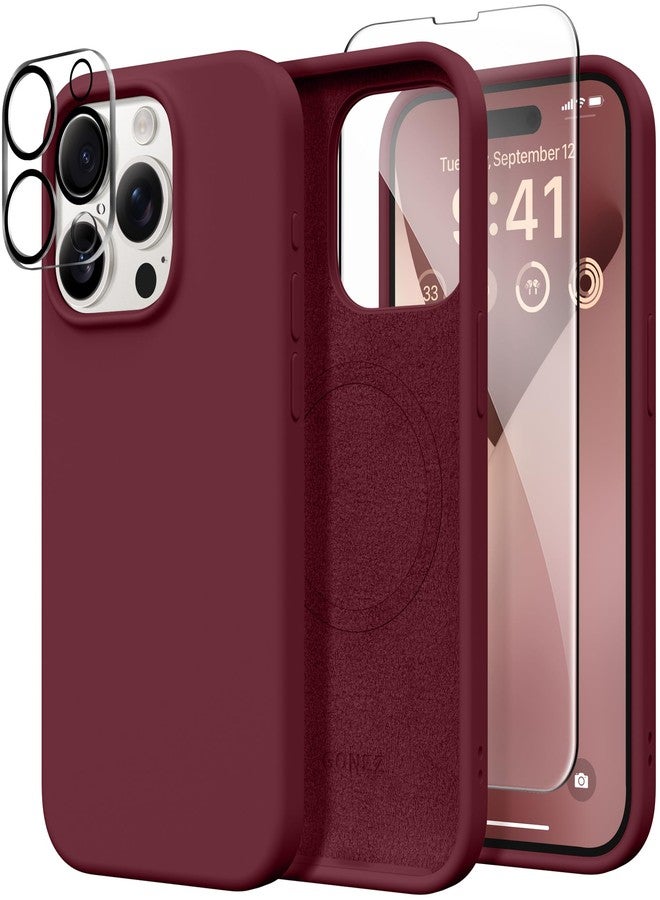 GONEZ Magnetic for iPhone 15 Pro Case, Compatible with MagSafe, [Screen Protector + Camera Lens Protector], Silicone Shockproof Anti-Scratch Protective Phone Case 6.1 inch, Maroon - Image 1