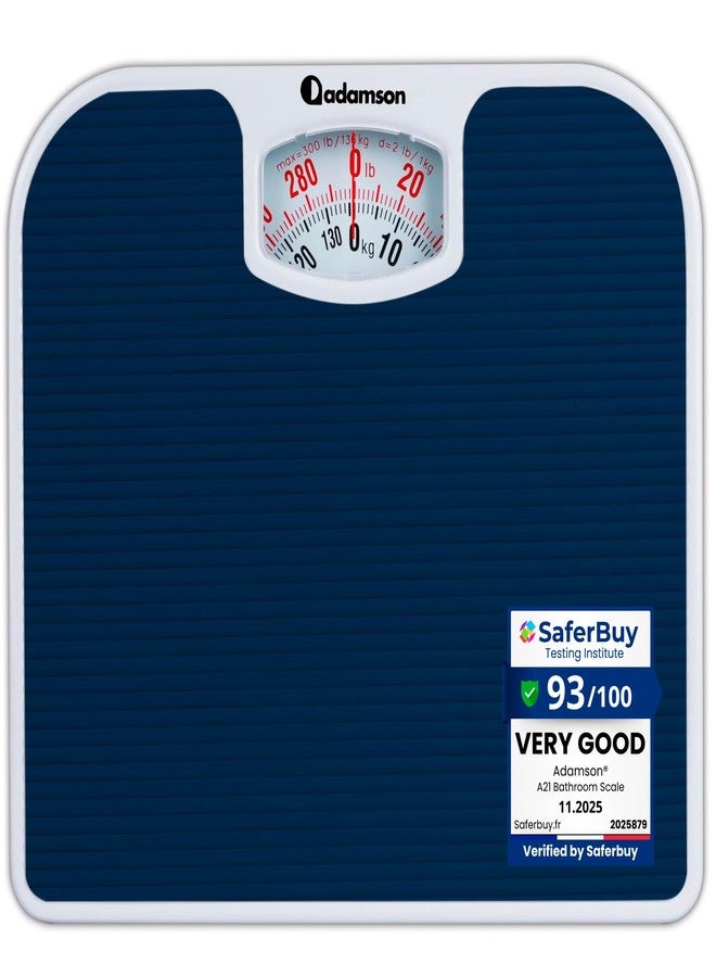 Adamson A21 Analog Scales for Body Weight - Up to 300 LB - New - Anti-Skid Rubber Surface - Large Numbers - Analog Bathroom Scale - Affordable - Durable with 20-Year Assurance - Blue - Image 1