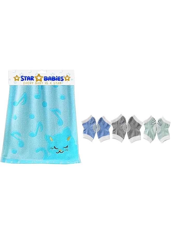STAR BABiES Combo Pack Of 2 Boys Anti Slip Crawling Kneepads Pack Of 3 With Bamboo Towel Blue - Image 1