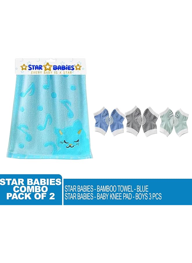 STAR BABiES Combo Pack Of 2 Boys Anti Slip Crawling Kneepads Pack Of 3 With Bamboo Towel Blue - Image 2