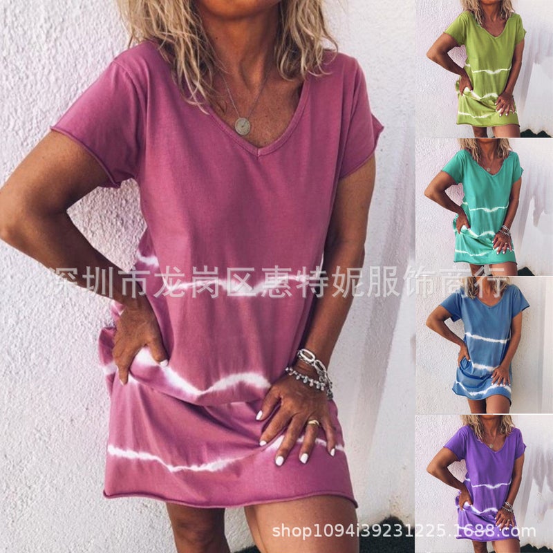 Women's V-Neck Short Sleeve Tie-Dye Wave Print Loose Casual Sexy Dress - Image 1